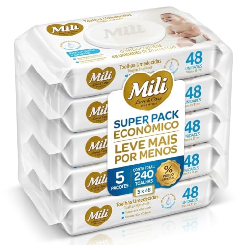 Lenço Umedecido Mili Love&Care Hipoalergênicas, Super Pack com 5 Pacotes, 240 Unidades