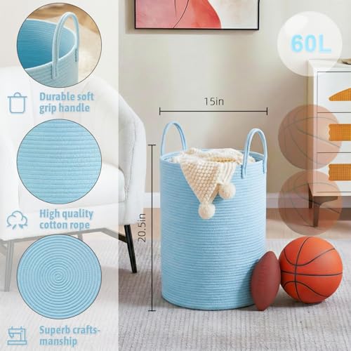 Image of Laundry Basket,Woven Cotton Rope Laundry Hamper,60L for Decor Storage of Dirty Clothes,Toys and Blankets in Bathroom,Baby Room and Living Room