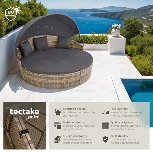 tectake® 5-Piece Modular Rattan Garden Daybed with Fold-Out Sun Canopy, UV-Resistant Rattan Garden Furniture Set with Pillows, Sectional Sun Lounger Set for Patio, Backyard, Balcony - Nature 2 tectake® 5-Piece Modular Rattan Garden Daybed with Fold-Out Sun Canopy, UV-Resistant Rattan Garden Furniture Set with Pillows, Sectional Sun Lounger Set for Patio, Backyard, Balcony - Nature - Image 2