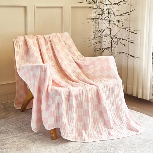 Image of SANACYNA Muslin Blankets 100% Cotton 6-Layer Gauze Pink Cooling Blanket Lightweight Soft and Breathable Swaddle Blanket for Sofa Bed Both Sides (Pink Checkerboard, Baby 30 inchx40 inch)