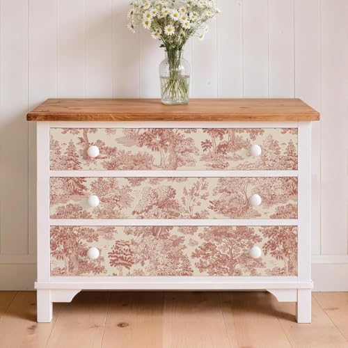 Image of Textured Wallpaper Peel and Sticks Vintage Flowers Leaves Pattern Design Toile de Jouy Wallpaper, Red and Cream, Pastoral Landscape Pattern, French Country Style Vinyl Adhesive 16.5&87inch