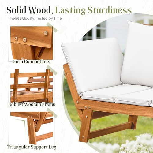 image for Flamaker Outdoor Couch with Adjustable Armrests, Acacia Wood Patio Lov