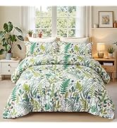 keensoft King Comforter Set - 3 Pieces Botanical Bedding Comforter Set, 1 Soft White Green Plant ...