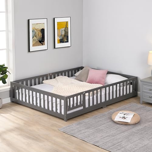 KEIKI Full Size Floor Bed with Fence,Solid Wood Platform Bed Frame, Montessori Floor Bed with Slats and Safety Guardrails
