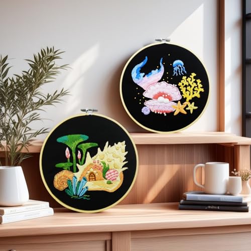 Image of Speedura 4-Set Embroidery Kit for Beginners - Easy Needlepoint Starter Kit for Adults to Learn Hand Embroidery with Stamped Designs, Cross Stitch Patterns, and Fun DIY Projects (Oceanic Treasures)