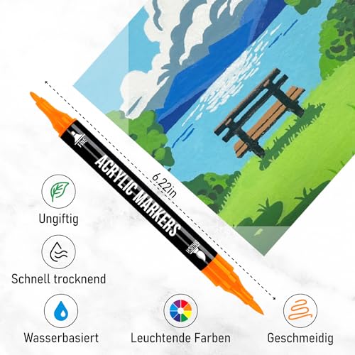 Pamaker 120 Farben Acrylstifte Set – Doppelseitige Spitzen, Multimarker für Steine, Holz, Stoff, Leinwand, Glas, Keramik in Stofftasche – Vielseitige Acrylfarben für Künstler & DIY Projekte