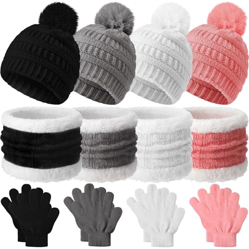 Liitrsh 4 Sets Kids Winter Hat Gloves Scarf Set Girls Boys Knit Hat Long Scarf Snow Gloves Outdoor for Toddler(Cute Colors)