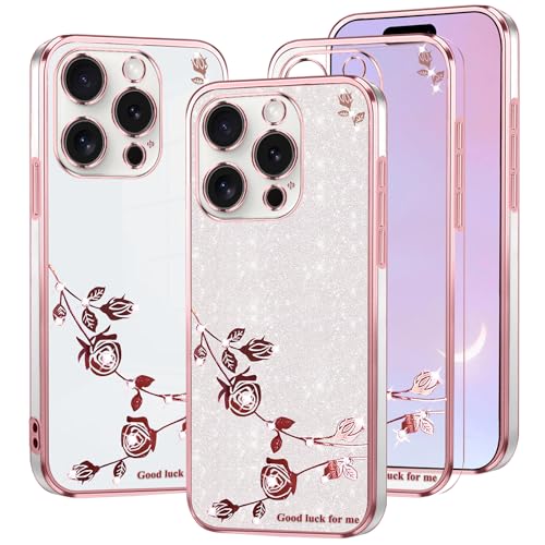 Coque iPhone 16 Pro Max transparente silicone à motif floral rose pailleté