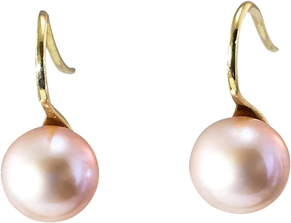 HinsonGayle AAA GEM 8-8.5mm Round Freshwater Cultured Pearl Dangle Earrings 14K Gold