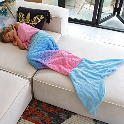 Catalonia Kids Mermaid Tail Blanket, Super Soft Plush Flannel Sleeping Snuggle Blanket For Teen Girls, Rainbow Ombre, Fish Scale Pattern, Gift Idea #TOP2