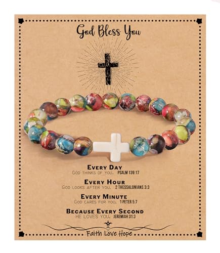 Image of Cross Bracelets for Women, Christian Gifts for Women Stocking Stuffers for Teens Cross Bracelet Imperial Nature Stone Bead Bracelet Confirmation Baptism Gift for Teen Girls Christmas Religious Gift Cathlic Faith Jewelry