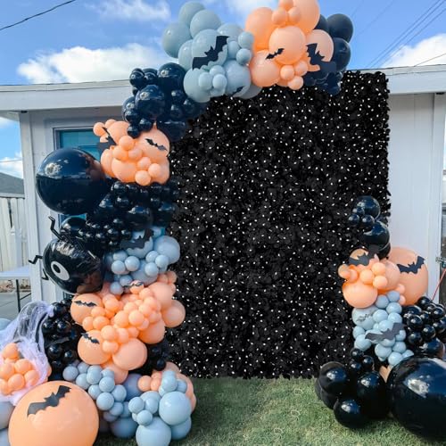Image of Black Floral Photo Backdrop 3.5x4.6ft Silk Hydrangea Artificial Flower Wall Panels for Halloween Birthday Party Graduation Background Decorations