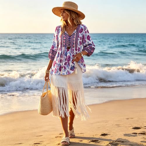 Image of Vivilli Womens Summer Boho Babydoll Tops 3 /4 Sleeve Pleated Peplum Blouses Casual V Neck Tie Front 2026 Tunic Tops