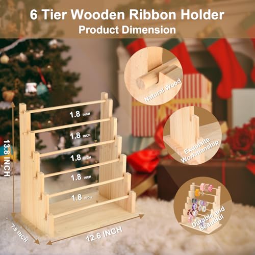 Image of 6 Tier Wooden Ribbon Organizer Rack, Large Capacity Ribbon Holder, Ribbon Spool Holder Stand, Washi Tape Storage Organizer, Wooden Sewing Organizer Display Shelf for Craft Room,Cake Shop,Flower Store