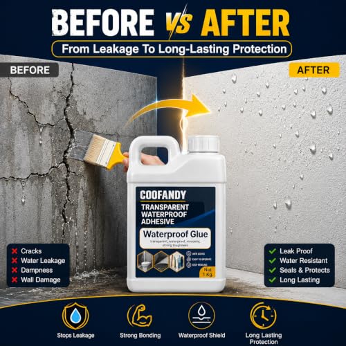 Image of COOFANDY Crack Seal Glue with Brush Transparent Waterproof Resin Epoxy for Roof Leakage, Waterproof Glue for Waterproofing, Roof Water Leakage Solution,Clear Crack Seal Agent for Wall & Repairs(1 KG)