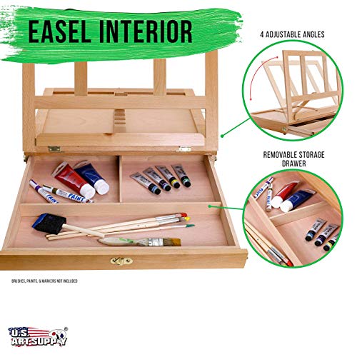 U.s. Art Supply Extra Large Adjustable Wood Desk Tabel Easel Bundle With 2-Pack Of 16" X 20" Canvas Paper Pads & 24 Color Acrylic Paint In 12Ml Tubes #TOP2