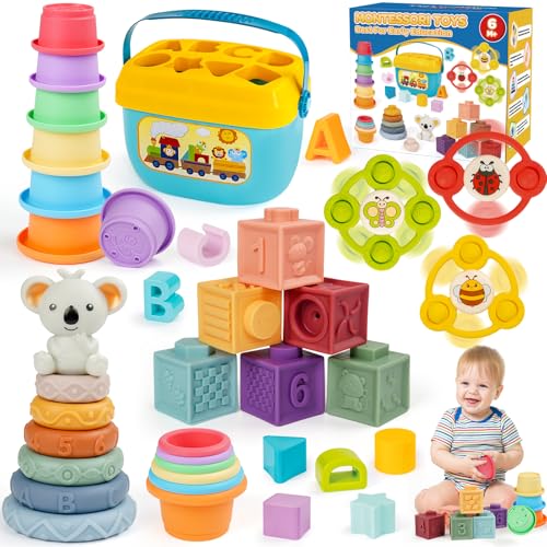 Image of Montessori Toys for Babies Ages 6–12–18 Months with Sensory Shape Sorter Matching Game Box Stacking Cups Soft Ring, Building Blocks, Spinner Developmental Learning Toys for Toddlers 1+ Year Old