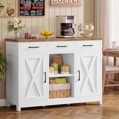 Image of TEENFON Storage Cabinet, Coffee Bar Cabinet with 3 Drawers, 2 Adjustable Shelves & 2 Doors, Buffet Cabinet, Kitchen Cabinet for Kitchen, Dining Room, Living Room, White