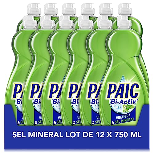 PAIC - Liquide Vaisselle Main BI-ACTIV' Sel Minéral - Nettoie - Dégraisse - Lot de 12 flacons de 750mL