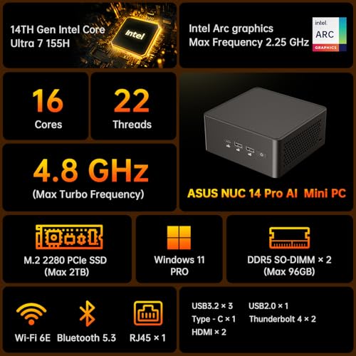 Image of ASUS NUC 14 Pro AI Mini PC Win 11 Pro, Intel Ultra 7 155H, 32GB DDR5 RAM, 2TB PCIe SSD, Mini Desktop Computer with Intel Arc GPU, AI Ready, AI Boost, Thunderbolt 4, Quad 4K HDR Display, VESA Mount