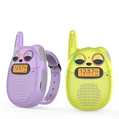 QNIGLO Q136 Mono Walkie Talkie Niños Recargable,Radio FM 2 Km Alcance Código de Privacidad,Montar en Bicicleta Correr,Regalo Festivo y Herramientas Campante para Niños y Ancianos (VioletaVerde)