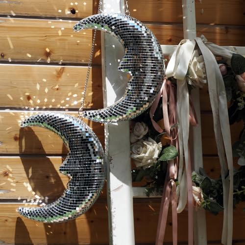 Image of Disco Ball Moon Decor 8.6'' Silver Crescent Hanging Ornament with Chain | Reflective Disco Moon with Metal Chain and Hook, Crescent Decor for Wall, Window Hanging , Bedroom, Bar, and Holiday Decor