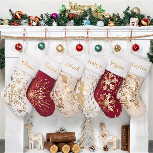 Personalised Christmas Stockings with Name, 1 Pack Extra Large Xmas Stocking with Embroidered lnitial Words, Rustic Farmhouse Fireplace Hanging Ornament Holiday Party Decoration, Ornaments
