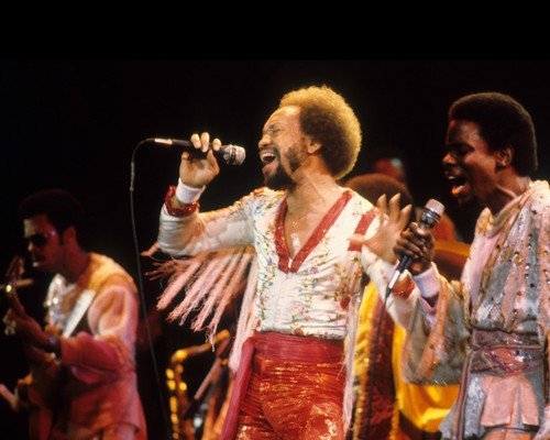 Earth, Wind & Fire in Concert Maurice White and group singing 8x10 Promotional Photog
