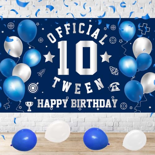Image of Happy 10th Birthday Banner Backdrop 10th Birthday Decorations for Boys | Large Official Tween 10 Year Old Backdrop HBD Party Decorations Supplies, Navy Blue Silver