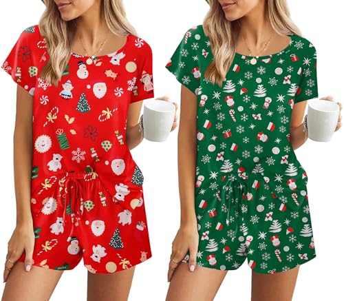Ekouaer Lounge Set for Women 2 Piece Pjs Plus Size Short Sleeve Pajama Shorts Set Cute Crew Neck Nightwear Christmas Red/Xmas Green