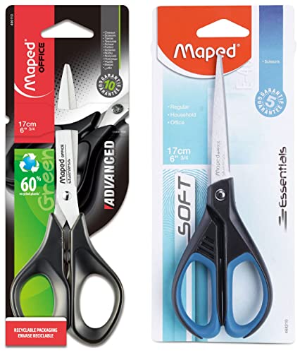 Image of MAPED Essential Soft Scissor 17cm - Stainless Steel, Ergonomic Handle, Durable & Smooth Cutting & Maped Advanced 17cm Scissor - Black, Multipurpose, Office & Household Use