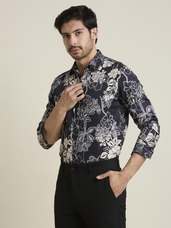 Image of MARK & ALBERT Men's Printed Full Sleeves Regular Fit Shirt Blue | 100% Cotton Stretchable Fabric