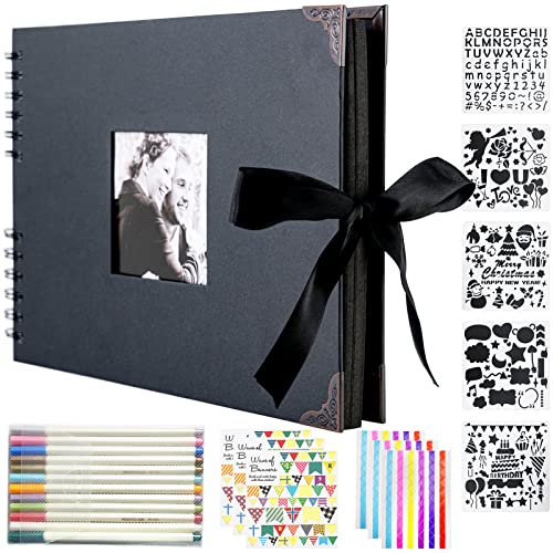 Scrapbook Photo Album DIY Set with Stickers and Colorful Pens,DIY Album Scrapbook Set 80 Pages,Photo Album Scrapbook Kit for Wedding Birthday Gift,Contains 12 Metalic Marker Pens and Scrapbooking Supplies 11.7''L x 8.3''W(Blackï¼‰