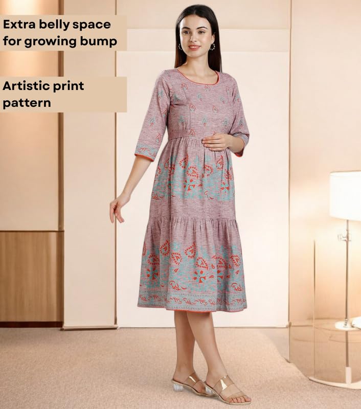 Image of DUMMY SHAPE Maternity Dresses for Women Cotton | Rayon Printed Feeding Anarkali Kurta with Dual Nursing Zipper Access During Pre & Post Pregnancy | Baby Shower Gifts for Mom to Be