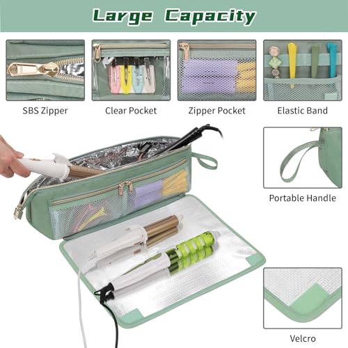 Ethereal-2-in-1-Hair-Tools-Travel-Bag-and-Tinfoil-Heat-Resistant-Mat-for-Flat-Irons-Straighteners-Curling-Iron-and-Haircare-Accessories-Hot-Hair-Styling-Tool-Organizer-with-Pockets-Green