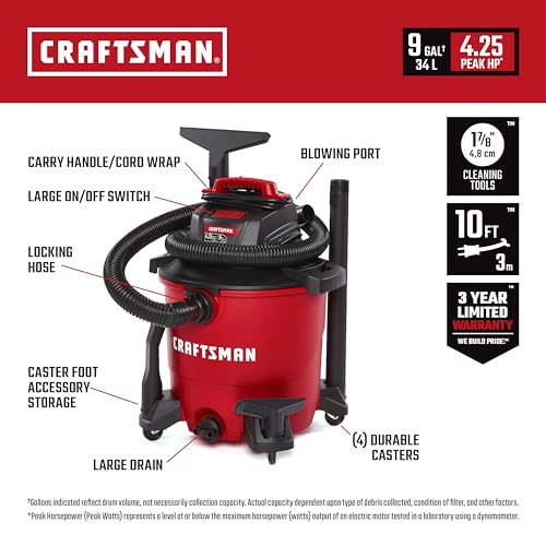 CRAFTSMAN CMXEVBE18690 9 Gallon 4.25 Peak HP Wet Dry Vac, Portable Shop Vacuum Wet and Dry with Filter, Dust Bag, Dusting Brush, Hose and Attachments for Home, Garage and Automotive Cleaning - Image 2