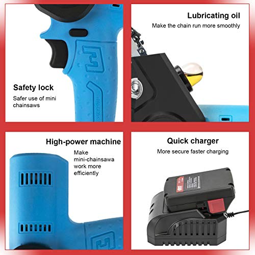 PANZHENG Upgrade Mini Chainsaw 4-Inch Cordless Electric Hand Chain Saw with Higher Power Motor Chainsaw for Tree Branch Wood Cutting - blue 680w (2 Batteries 2 Guide Bars and 2 Chains)