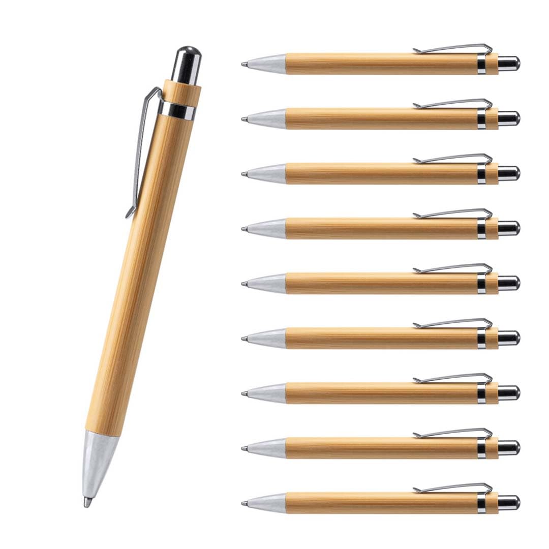 WPRO Bambus Kugelschreiber 250 Stück Set mit Druckmechanismus und blauer Mine, Bambusholz Schreibstift mit Metallclip, nachfüllbar für Büro Empfang Messe Line