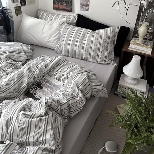 Image of MKXI Queen Size Charcoal Grey & White Striped Duvet Cover Set - 3 Piece Modern Washed Cotton Bedding, Soft Breathable Comforter Cover with Zipper Closure & Corner Ties, Minimalist Geometric Design