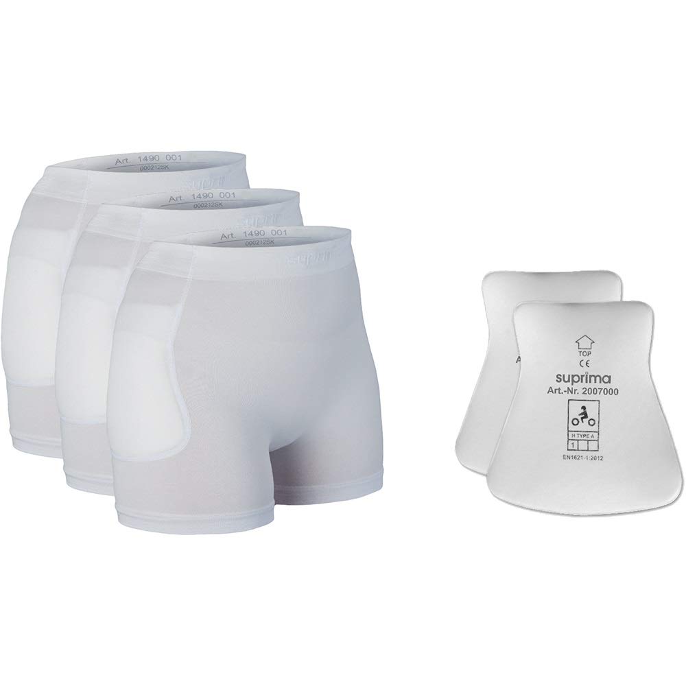 SUPRIMA Hüftprotektoren Hose Set – Protektorenhose mit 3 Slips und 1 Paar Hüftprotektoren für Senioren – komfortabler Hüftschutz in Weiß – Größe XL | 3 x 1-4900, 1 x 2007, 4 Stück
