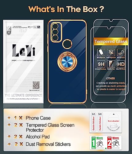 Leyi For Motorola G Pure Phone Case With Tempered Glass Screen Protector [2 Pack] 360° Rotatable Ring Holder Magnetic Kickstand, Plating Rose Gold Edge Protective Case, Blue #TOP7
