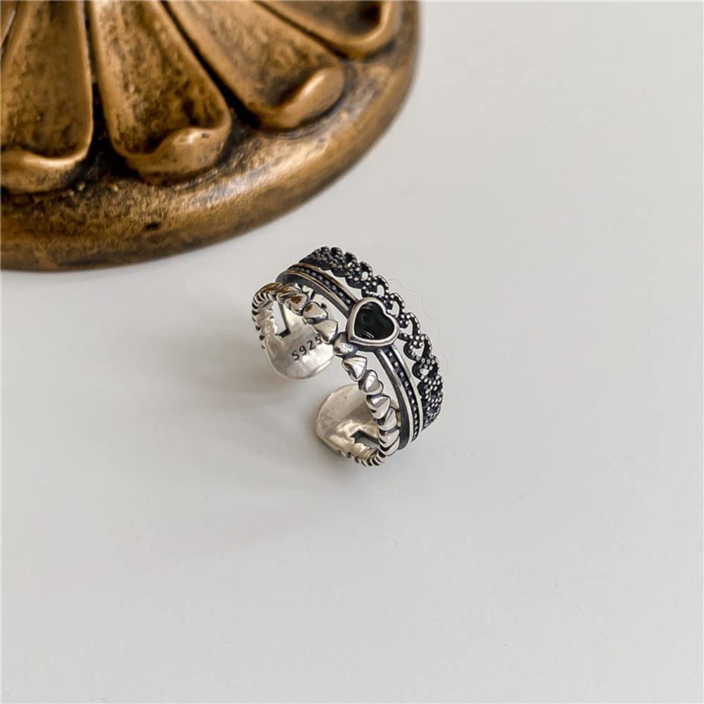 SKUZA Anillo, Love Control Old Retro Multi-Layer Love Ring Todo el Cuerpo Plata de Ley 925 Ajustable INS Niche Ring