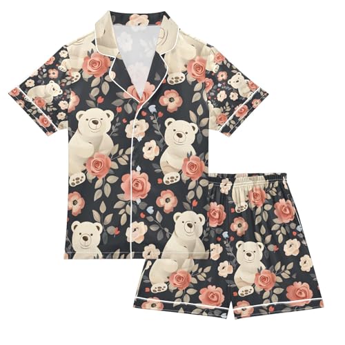senya Bears and Beautiful Roses Satin Summer Pajama Sets Silk Short Sleeve Button Down Sleepwear