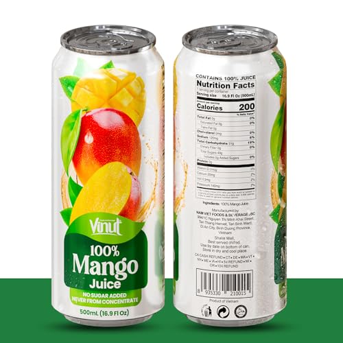 Image of VINUT 100% Mango Juice, No Sugar Added, Never From Concentrate, 16.9 fl oz (500 mL) Can, Pack of 12