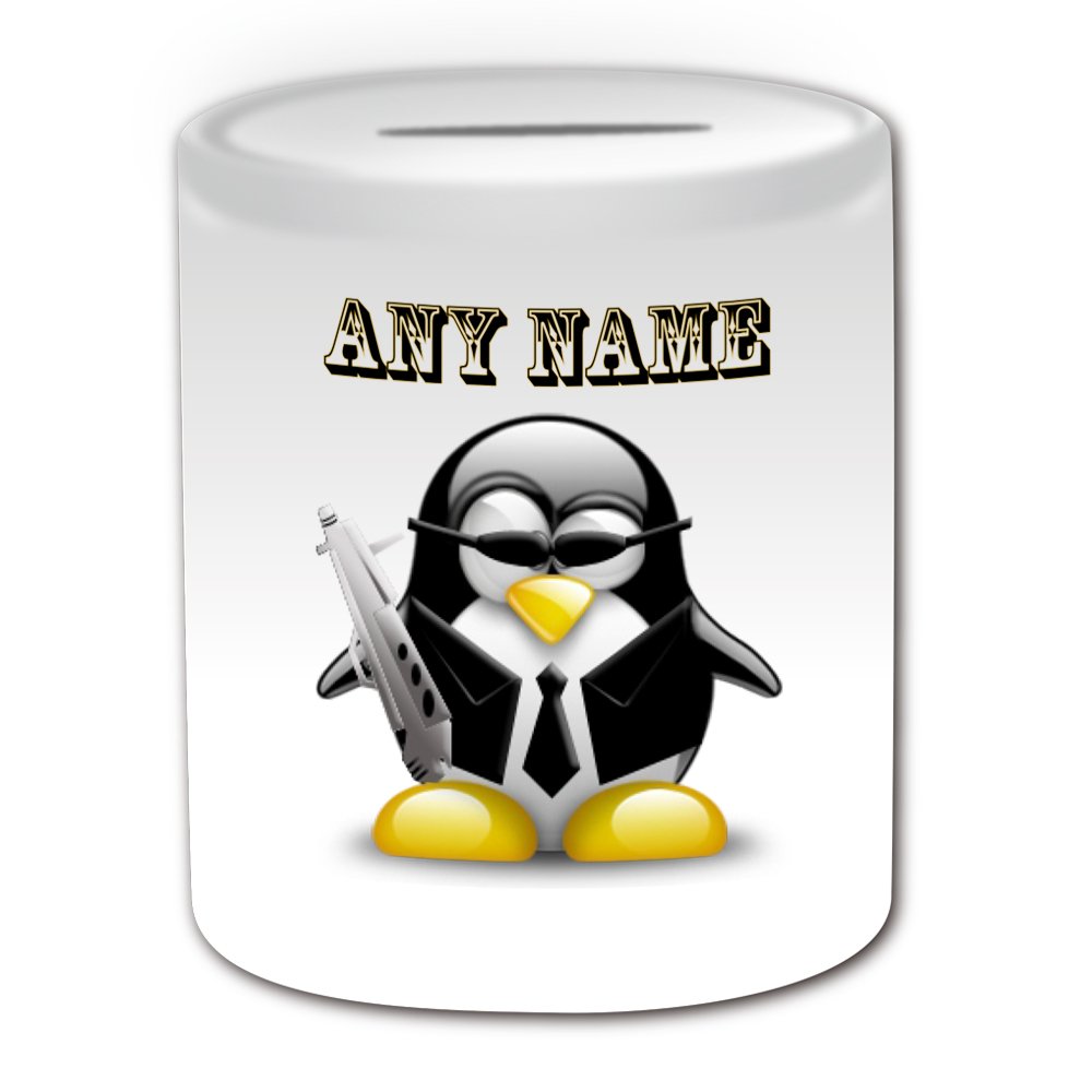 Personalised Gift - Spy Agent Money Box (Penguin in Costume Design Theme, White) - Any Name/Message on Your Unique - Saving Piggy Bank - Cool Gun 007