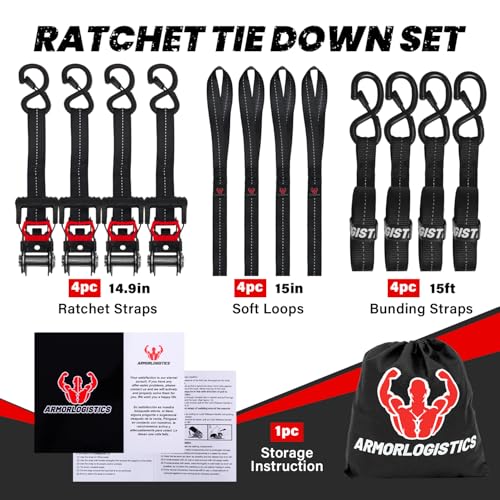 Image of Ratchet Straps (4 Pack) - 1in x 15ft Motorcycle Strap Tie Downs with 15ft Soft Loops - 2,100lb Break Strength Ratchet Tie Down Straps for Motorcycles, Truck, Cargo - Safety S Hook, Storage Bag