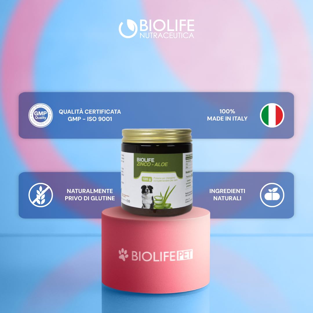 BIOLIFE Integratore per cani in polvere di succo di carota, Aloe vera e Zinco 100g | Mangime Complementare, integratore cani sistema immunitario, benessere naturale.