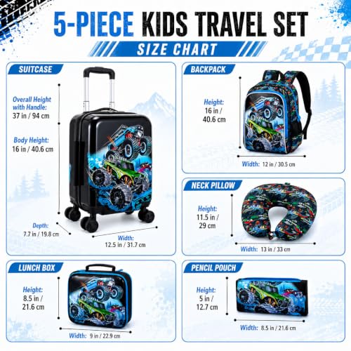 Image of CCJPX 5Pcs Kids Suitcase for Boys, 16 inch Travel Luggage Set with Spinner Wheels, Truck Hardside Carry on Toddler Rolling Suitcase Airline Approved (Black)