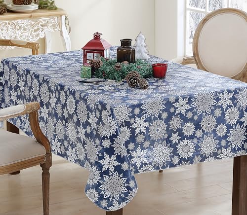 Newbridge Christmas Navy Snowflake 52 x 70 Rectangle Vinyl Tablecloth