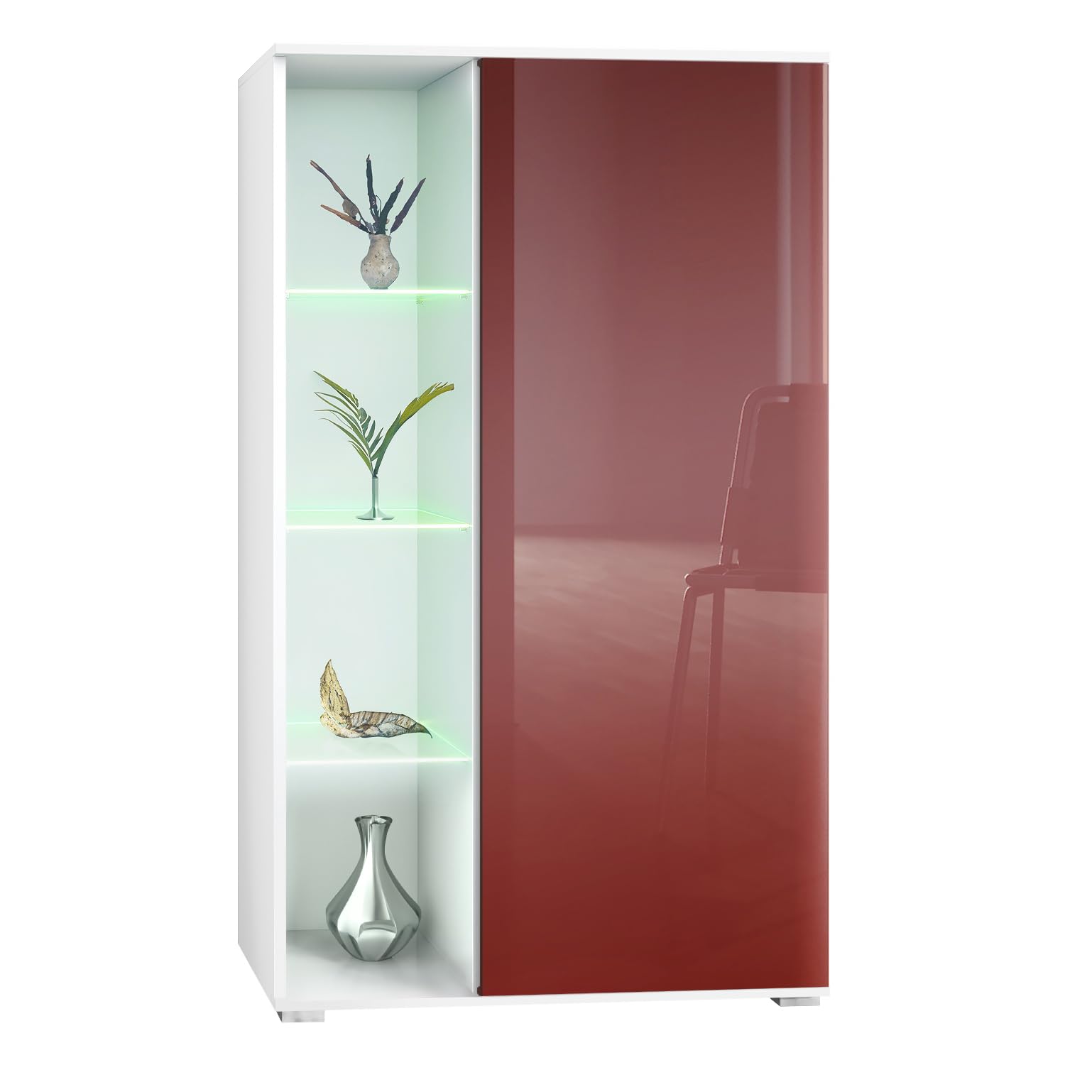 Vladon Vetrina Davos, vetrina indipendente con 3 ripiani in vetro e 8 vani incl. LED, bianco opaco/bordeaux lucido (71,5 x 134 x 35 cm)